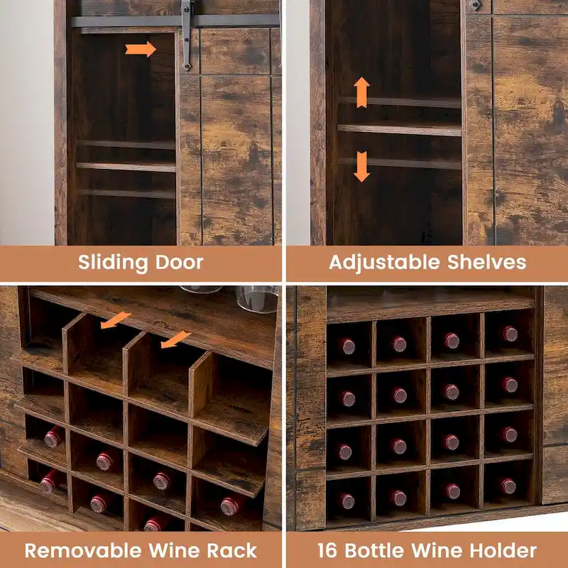 Farmhouse 47 Wine Bar Cabinet Buffet Sideboard Cabinet with 16 Bottle Wine Rack - 15.7D x 47.2W x 34.61H