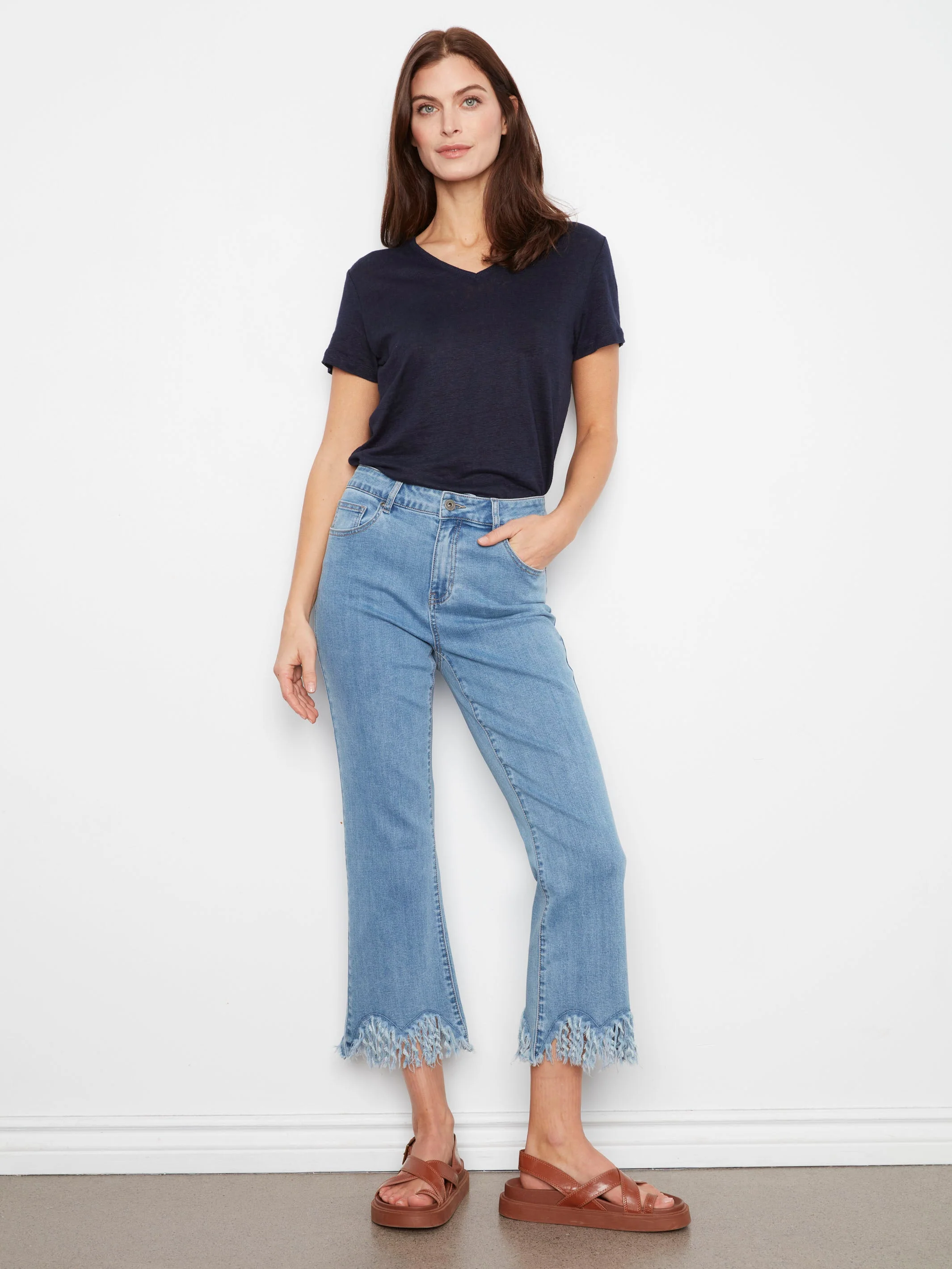 Cropped Jeans With Fringed Hem - Blue Jean