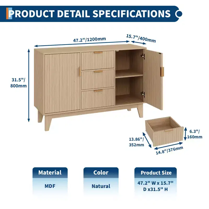 CuisinSmart 47.2 Modern Fluted Sideboard Buffet Cabinet, Wooden Storage Cabinet with 3 Drawers, 2 Doors & Adjustable Shelves for Living Room Kitchen