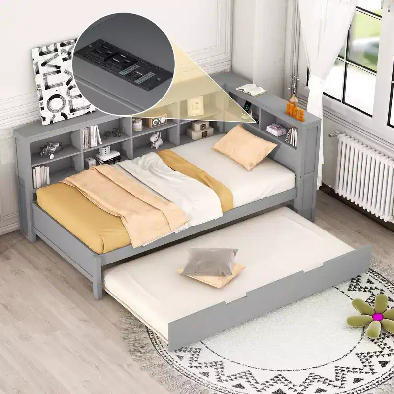 DayBed with Trundle, Wooden Platform Bed with Storage Shelf and USB Charging Ports, Low Floor Bed for Kids Teens Adult