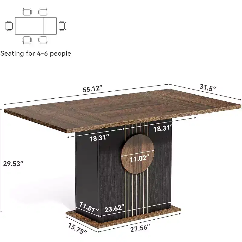 Lantine Rectangle Dining Table for 6, Modern Kitchen Table Set with Heavy Duty Base for Home Dining Room, Brown & Black