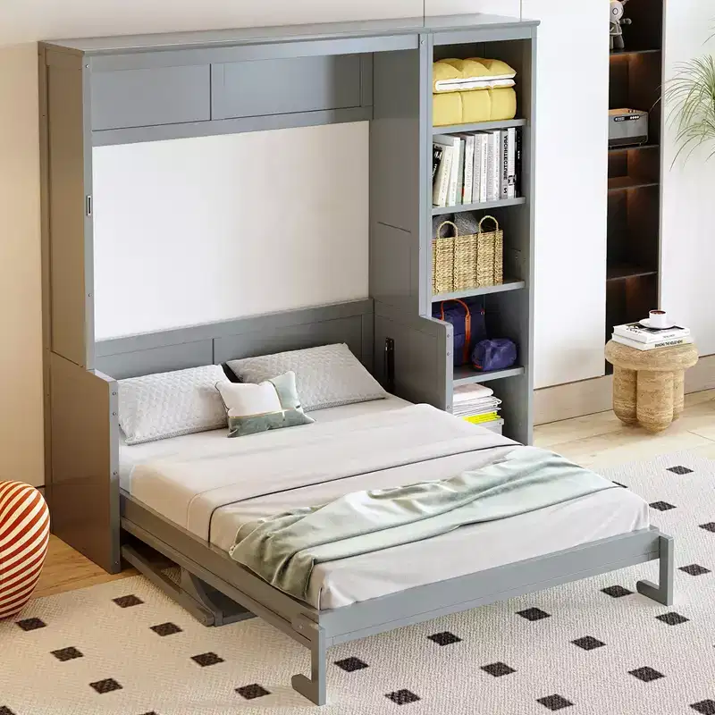 Full/Queen Size Murphy Bed with Bookshelf, Wooden Cabinet Bed Wall Bed with Desk, Folding Wall Chest Bed for Guest Room Office
