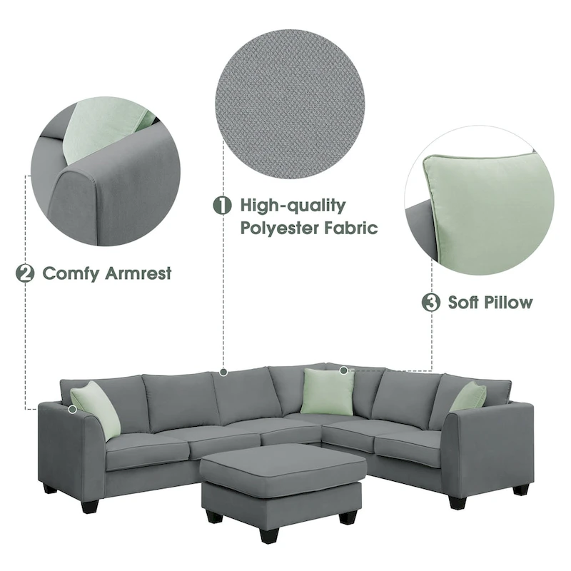 Modern Sectional Sofa with Ottoman, Modular, Spacious