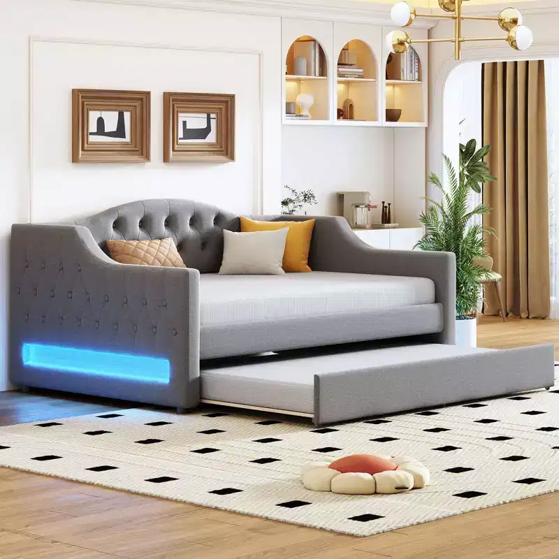 Bellemave Upholstered Full XL Size Daybed with LED Belt and Trundle, Gray
