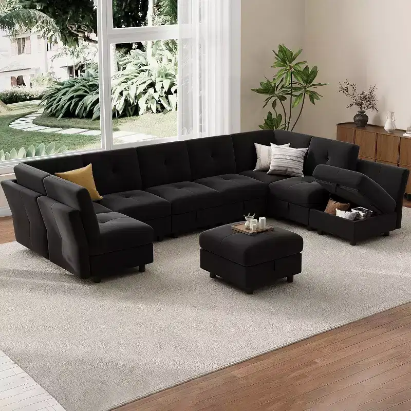 Modular Sectional 9 Seat Sofa with Storage, U Shaped Sectional Couches, Convertible Sofa with Ottomans, High Supportive Velvet, for Home Black