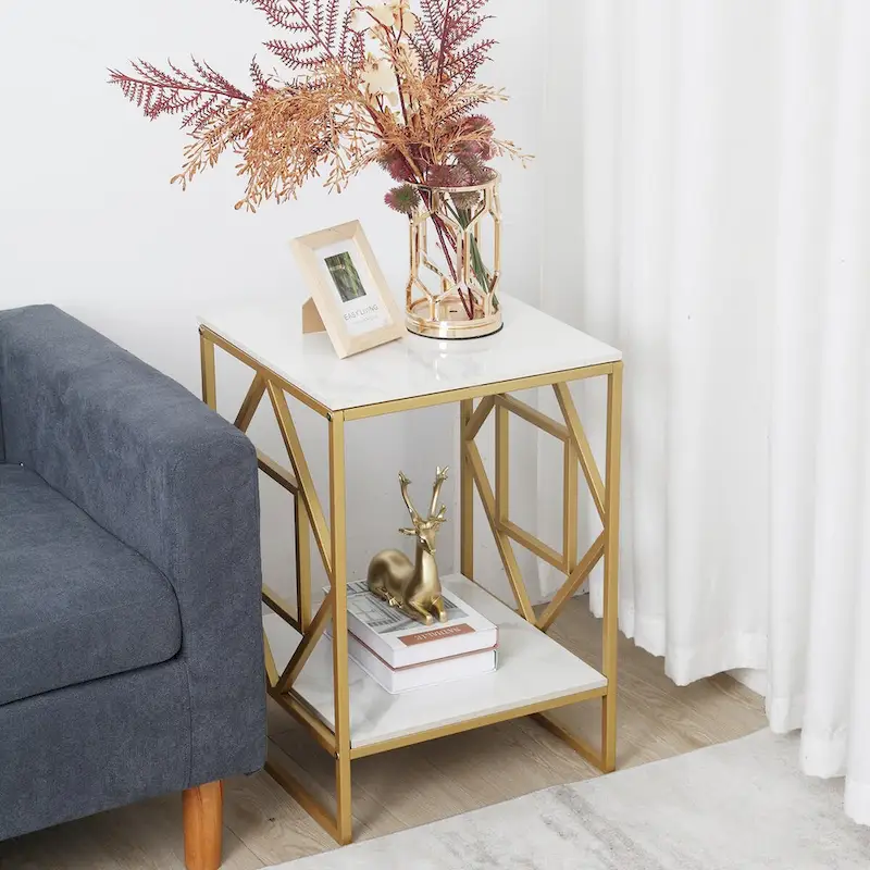 2-Tier Sintered Stone Side Table with Metal Iron Frame – Black / Gold, 1-Unit