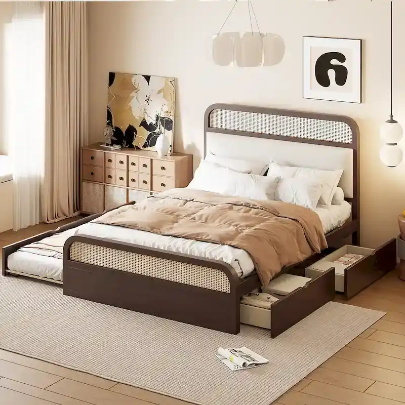 Boho Cane Wooden Platform Bed Queen Storage Bed with Wooden Headboard, Trundle and 2 Storage Drawers