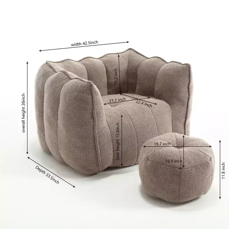 Bean Bag Sofa with Ottoman, Modern Soft Bean Bag Chair with Armrests, Chenille Square Lazy Couch