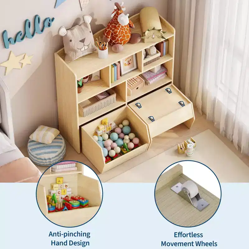 GustoWave Toy Storage Cabinet with Movable Drawers, Kids Bookshelf with Hidden Wheels, Multifunctional Storage Organizer for Playroom