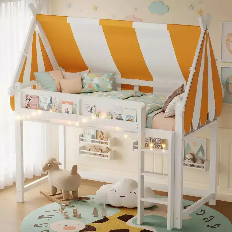Polibi Canopy Loft Bed with LED String Lights & Front Bookshelf