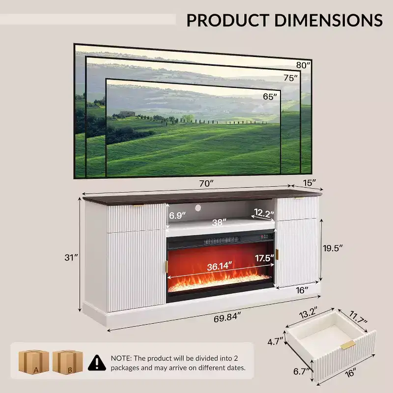70 Fluted Fireplace TV Stand for 80 TVs, Modern Entertainment Center w/36 Electric Fireplace, Wood Media TV Console Table w/Storage