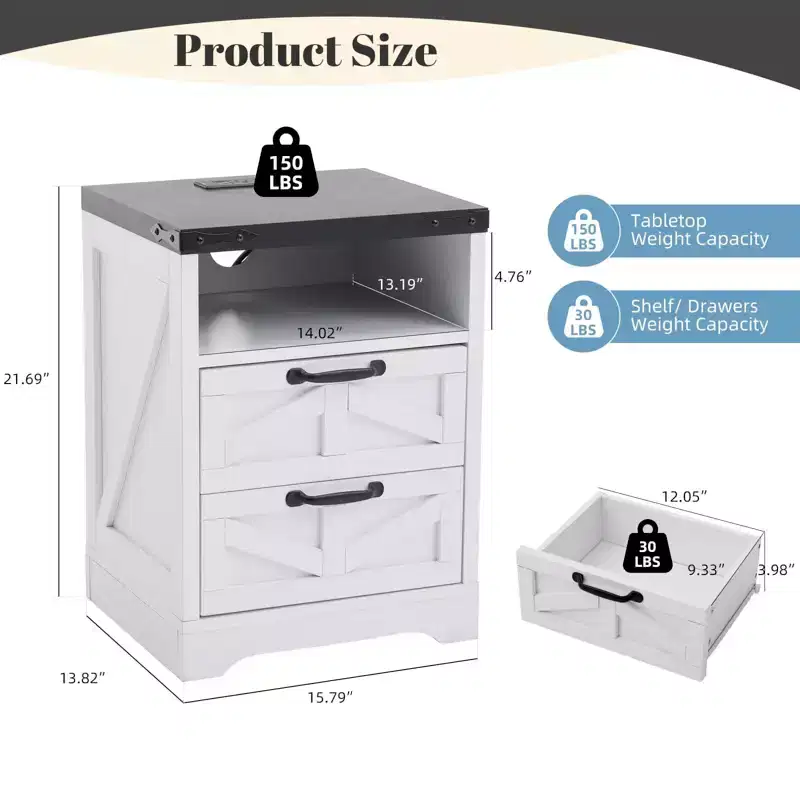 Modern Farmhouse Style Bedside Table With Charging Station, 2-Drawer Industrial Style White Bedside Table, Stylish And Compact Bedroom Side Table