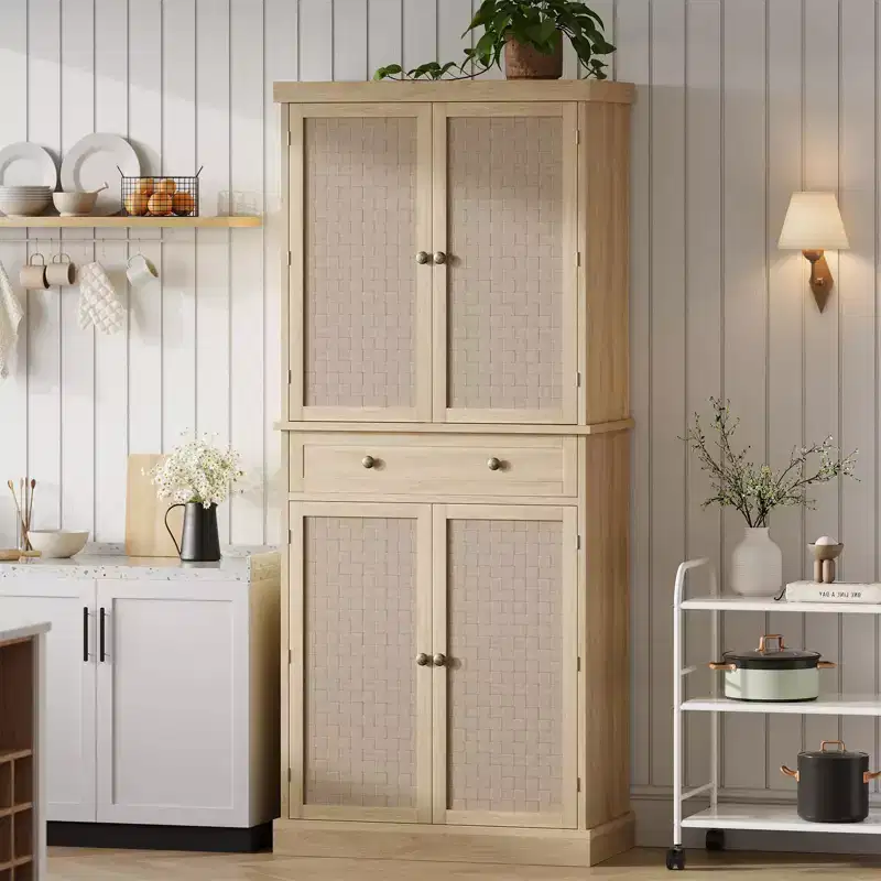 72 Wood Color Farmhouse Pantry Cabinet 4-Door Tall Kitchen Storage with Adjustable Shelves & Drawer for Dining/Living Room