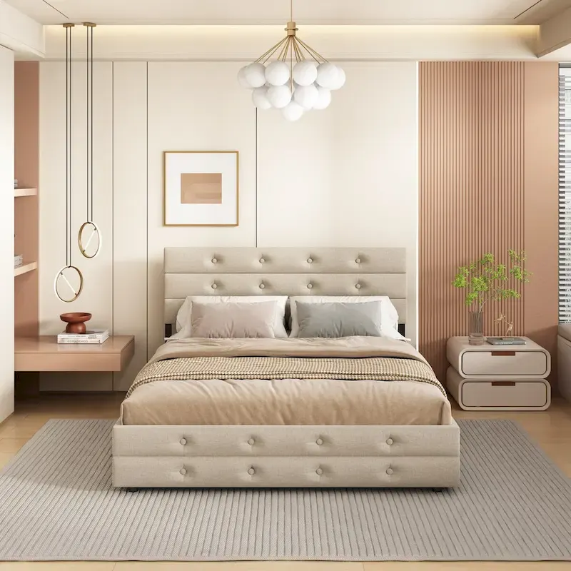 Queen Size Upholstered Linen Platform Bed with Trundle and 2 Drawers