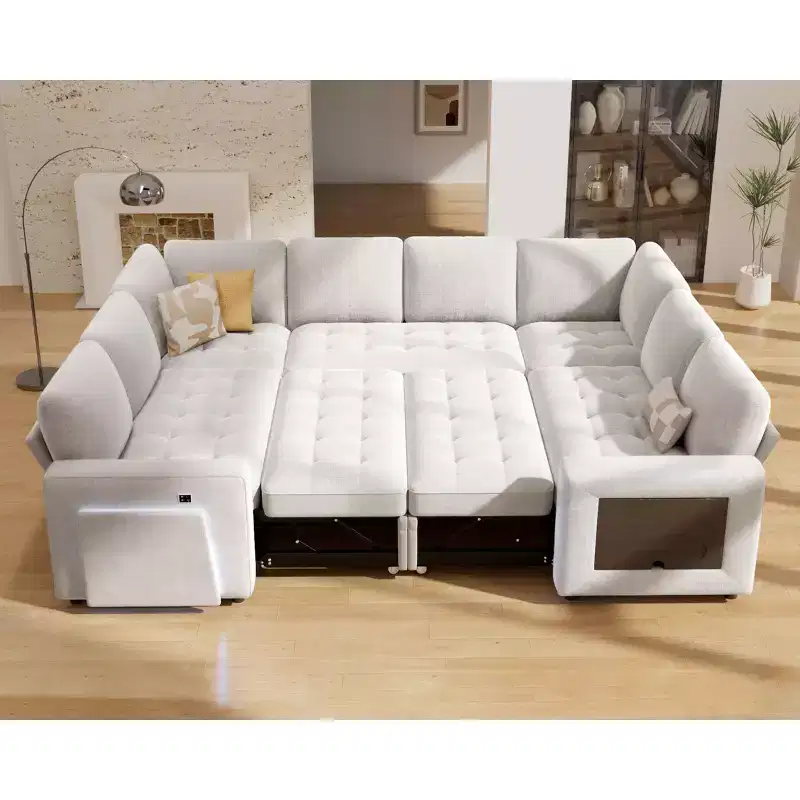 Sleeper Sofa with Pull Out Bed/Reclining Backrest/USB Ports/Table/LED Light/Storage Seat, 8 Seat Large U Shaped Sectional Couch