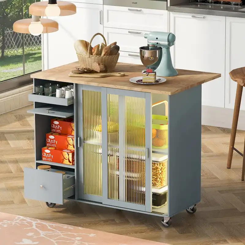 Kitchen Island Cart with Drop Leaf, LED Light, Fluted Glass Doors, Adjustable Shelf, and 2 Drawers