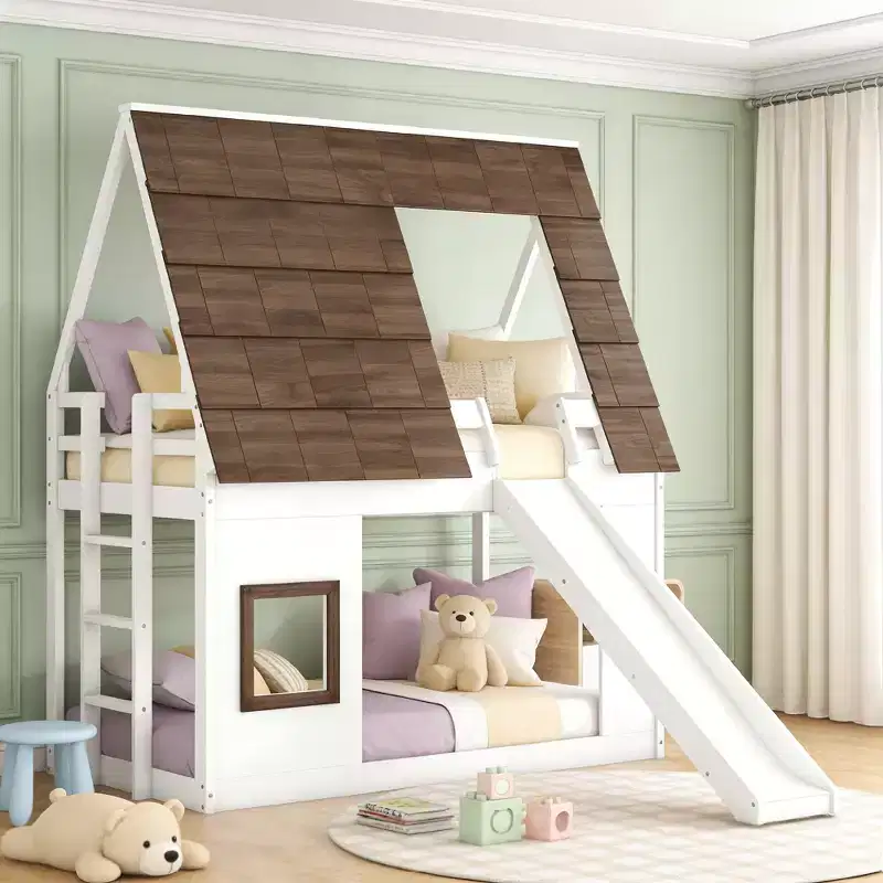 Twin Size House Bunk Bed with Roof, Window, Ladder and Slide, White+Brown