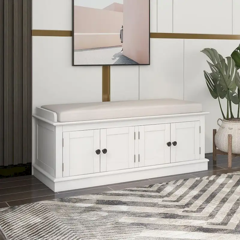 Farmhouse 42.70 4-Door Multi-Purpose Entry Upholstered Storage Bench with Adjustable Shelves and Shoe Racks