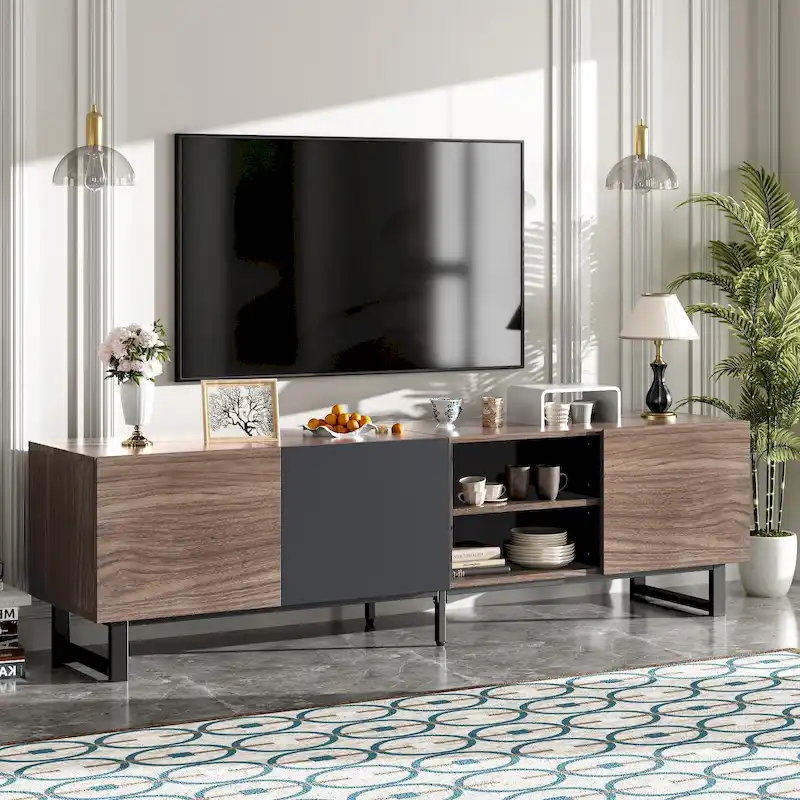 Dark Brown TV Stand with 3 Cabinets & Open Shelves, Fits TVs up to 80
