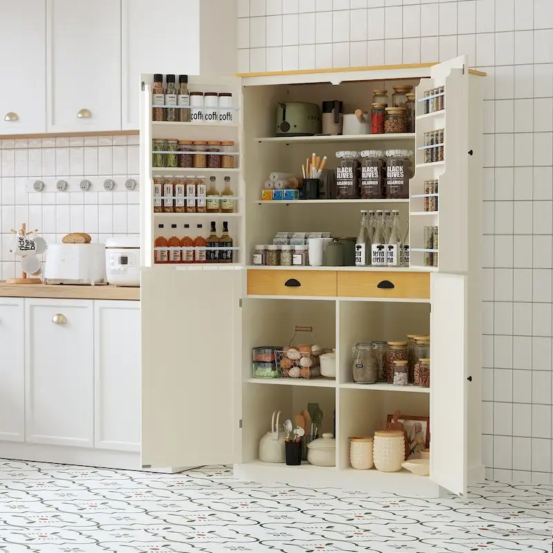 Freestanding Kitchen Pantry Large Cupboard Storage Cabinet with 2 Drawers, 2 Adjustable Shelves, 8 Door Shelves