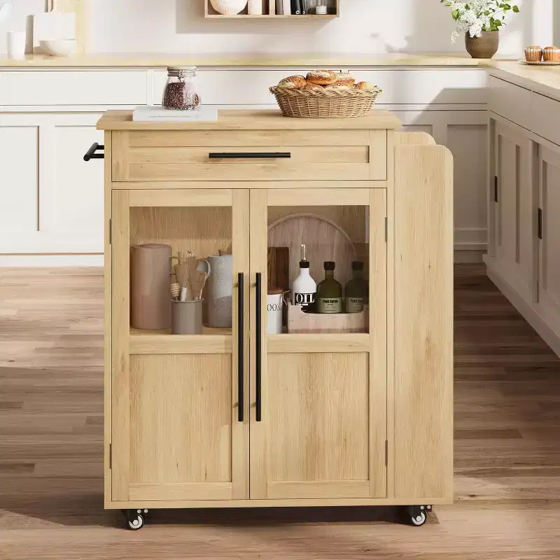 Natural Rolling Kitchen Island Cart with Cabinet & Spice Rack, 1-Person