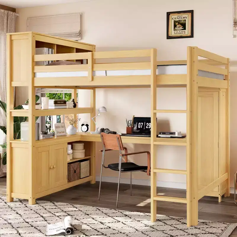 Wood Loft Bed with Cabinet and Bookshelf, Queen Size Loft with Wardrobe and Desk for Kids, Natural