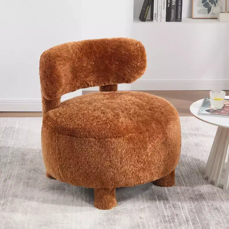 Upholstered Accent Chair Armless Side Chair with Curved Backrest, Teddy/Fur, White/Khaki - ModernLuxe