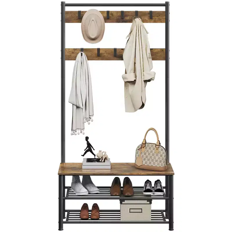 73 H Metal Hall Tree with Shoe Storage Bench and 11 Removable Hooks, Entryway Storage Bench