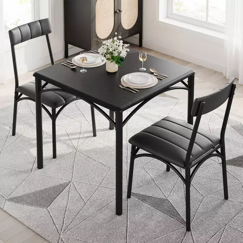 Square Dining Table & 2 Upholstered Chairs Set for 2 – Black / Brown / Gray