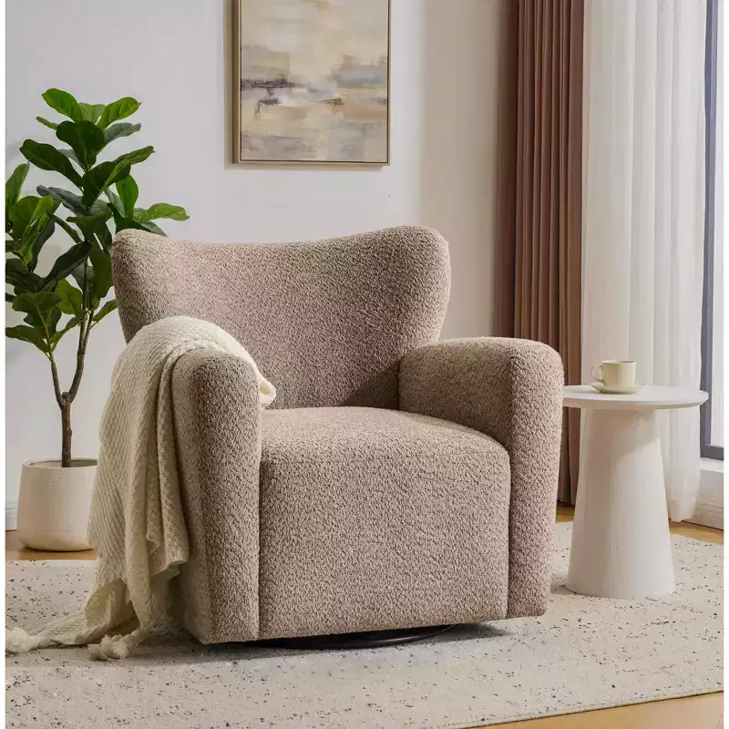 Modern Iron Boucle Upholstered 360 Swivel Wingback Chair
