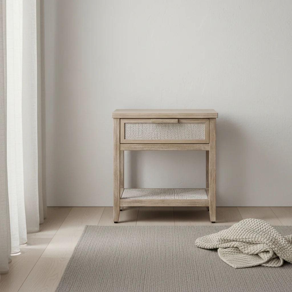 Woven Abaca Rope & Wood 1-Drawer Nightstand with Natural Texture & No-Assembly Design for Bedroom