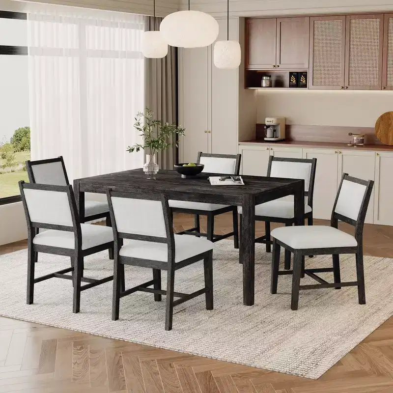 Whisen Mid-Century 7-Piece Dining Table Set for 6, Wood Table & Comfy Upholstered Chairs