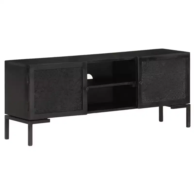 vidaXL Solid Wood TV Stand with Two Shelves and Doors, Powder Coated Steel Frame, Black Finish, Industrial Style, Size: 45.3x11.8x18.1