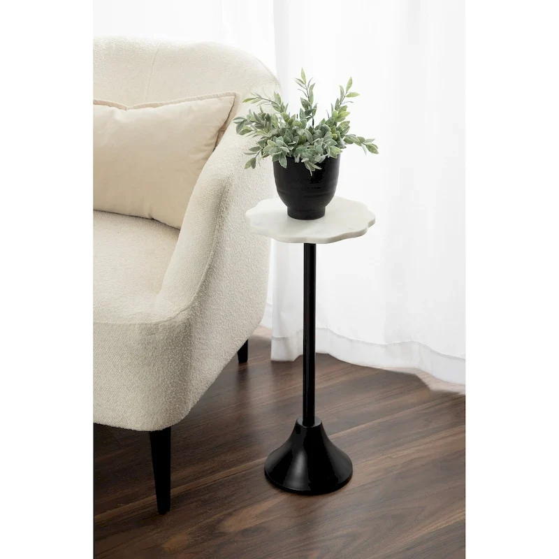 Scalloped Marble & Metal Drink Side Table, Modern Glam Accent Table