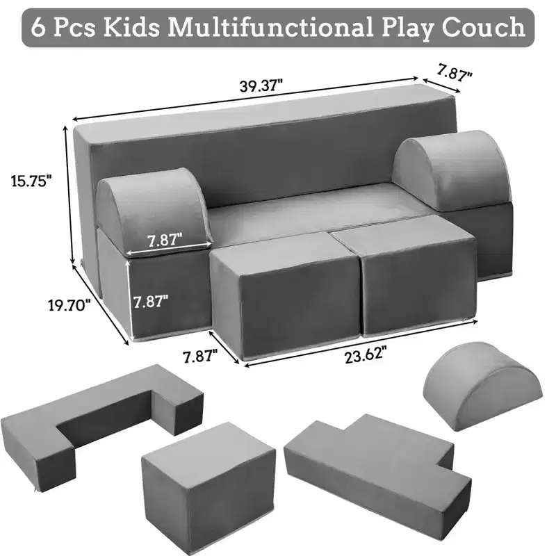 GustoWave Modular Kids Couch 6 Pcs, Foam Play Sofa Set with Detachable Cushions, Convertible Soft Couch for Toddlers and Kids