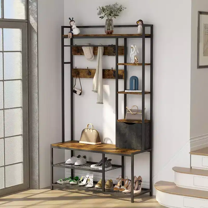 5-in-1 Hall Tree with Bench, Shoe Storage, Coat Rack, Fabric Drawer and 12 Hooks