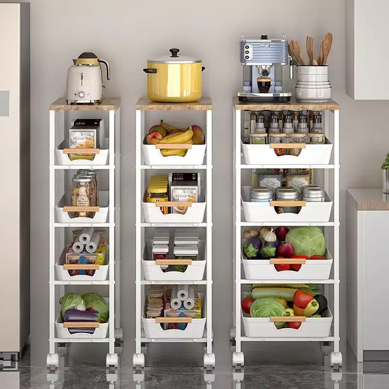 5-Tier Slim Rolling Cart White Metal Utility Cart with Wood Top for Kitchen/Bathroom