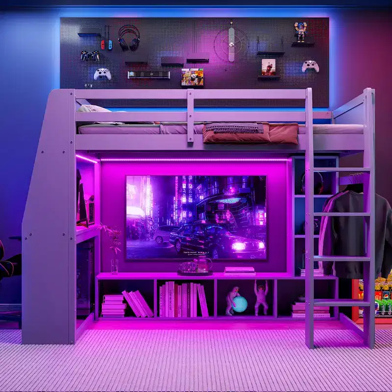 Whisen Wood Twin Size Gaming Loft Bed with Desk, Multi-storage Shelves, LED and a Hanging Clothes Rack