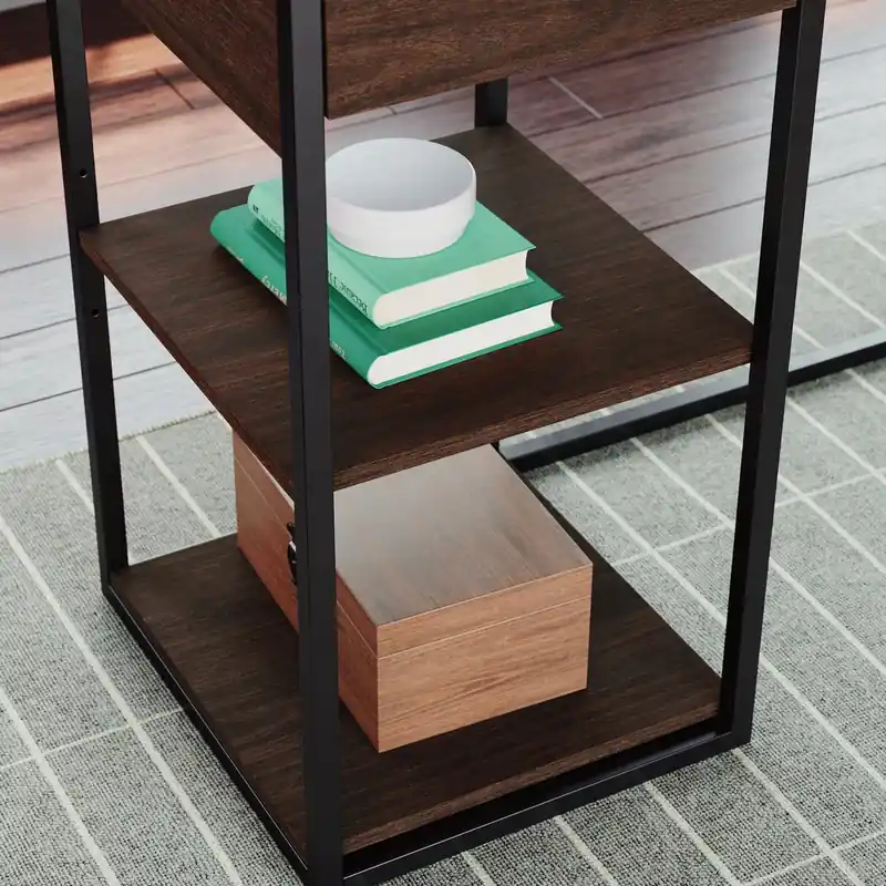 65.98 L-Shaped Office Desk with 2-Drawers, Cubbyholes & Shelves - Umber Wood