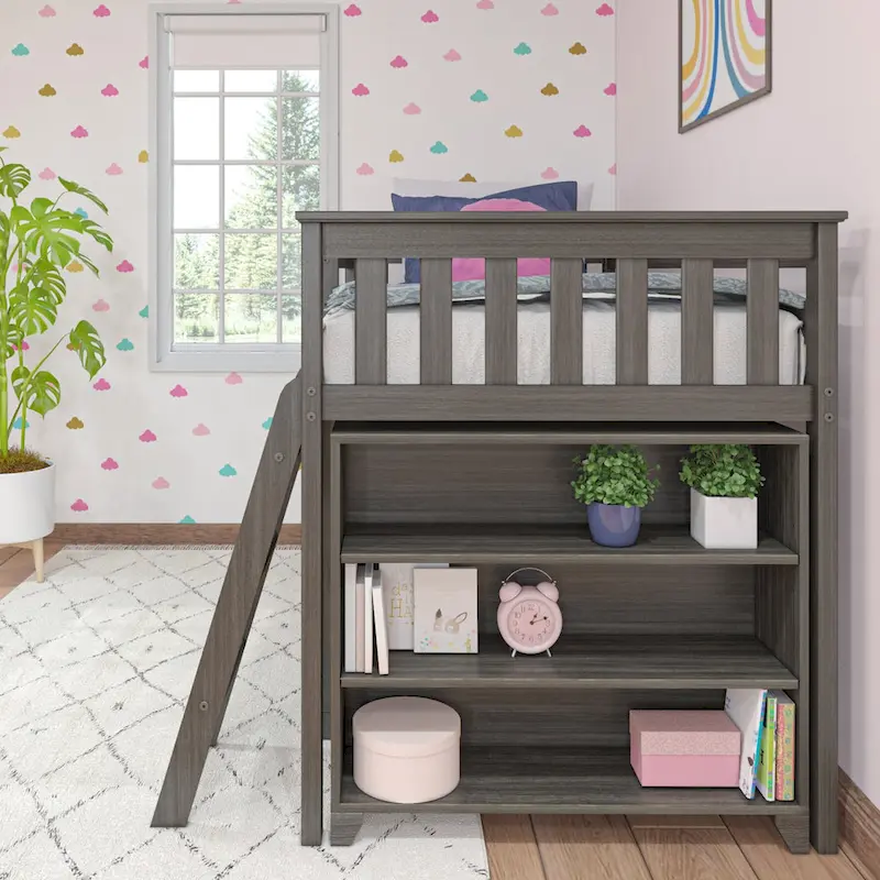 Twin Low Loft Bed with 3-Shelf & 6-Shelf Bookcase, Solid Pine Wood, Kids Bedroom