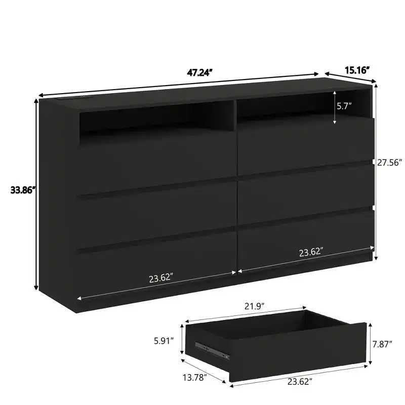 Modern 6-Drawer Dressing Table with Sliding Top, Featuring Drawers, Organizer for Bedroom, Closet, and Living Room