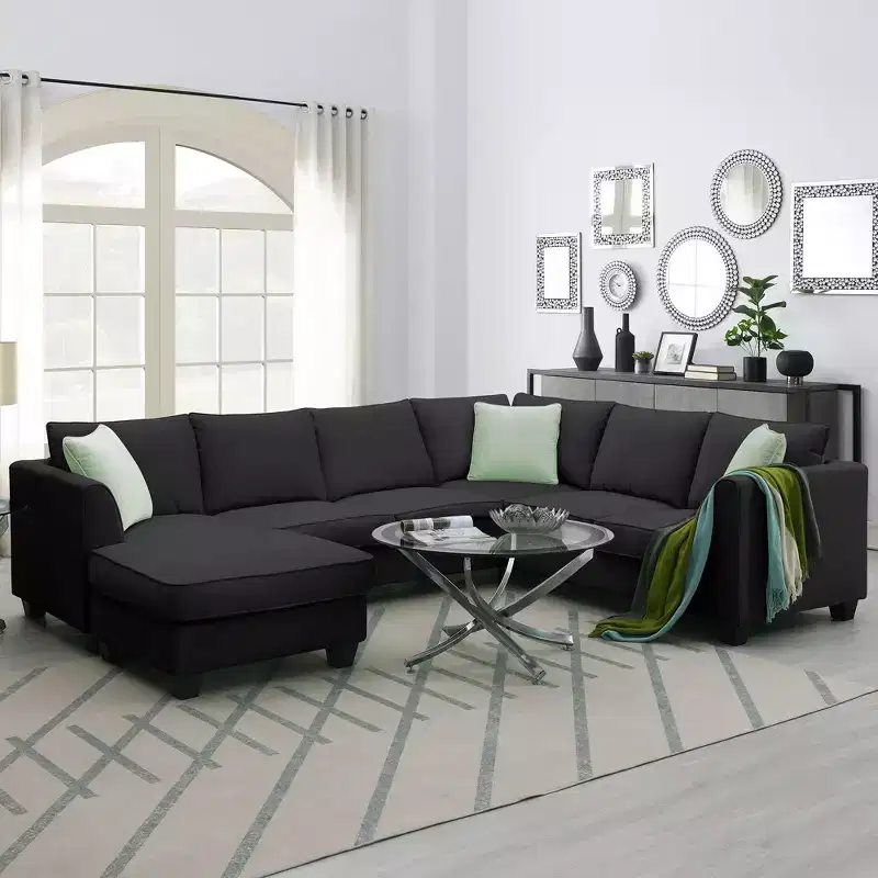 Whisen Minimalist Style L-shaped Modular Sectional Sofa, Living Room Set Includes Ottoman and Pillows