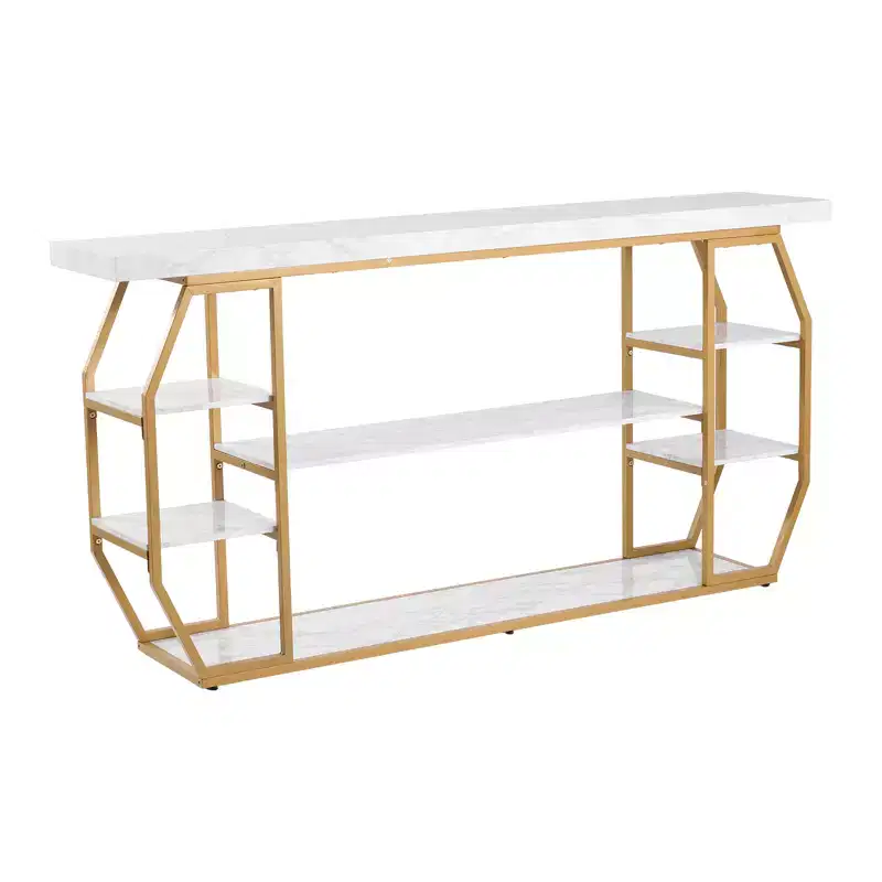 Marble Console Table, 3 Tiers Modern Console Table for Open Storage, Golden Geometric Table with Iron Tubes, Anti-Tip Device, Gold