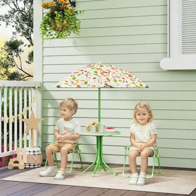 Kids Folding Picnic Table and Chair Set with Removable Umbrella Outdoor Patio Furniture