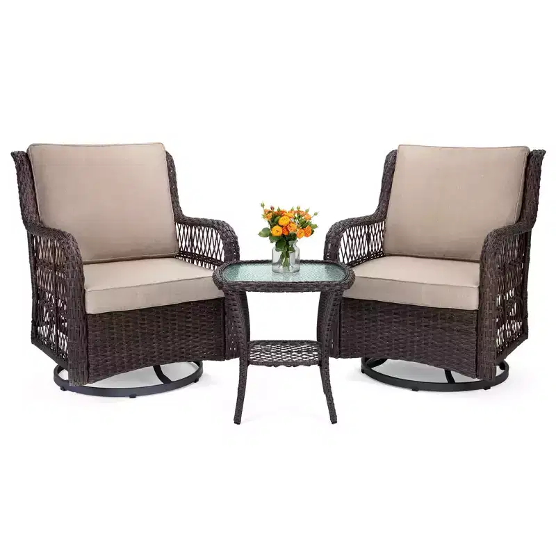 COZONY 3-Piece Outdoor Wicker Swivel Rocker Patio Set with 360 Swivel Rocking Chairs & Tempered Glass Side Table for Balcony Garden Deck
