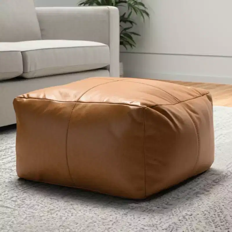 HomeRoots 22 Tan Genuine Leather Pouf Ottoman