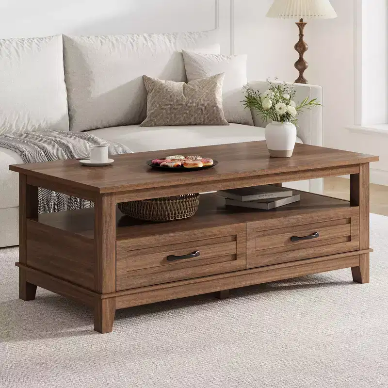 Farmhouse Coffee Table with Drawers, 47.2 Center Table Rustic Coffee Tables Brown Living Room Table, with Open Shelf and 6 Support Legs