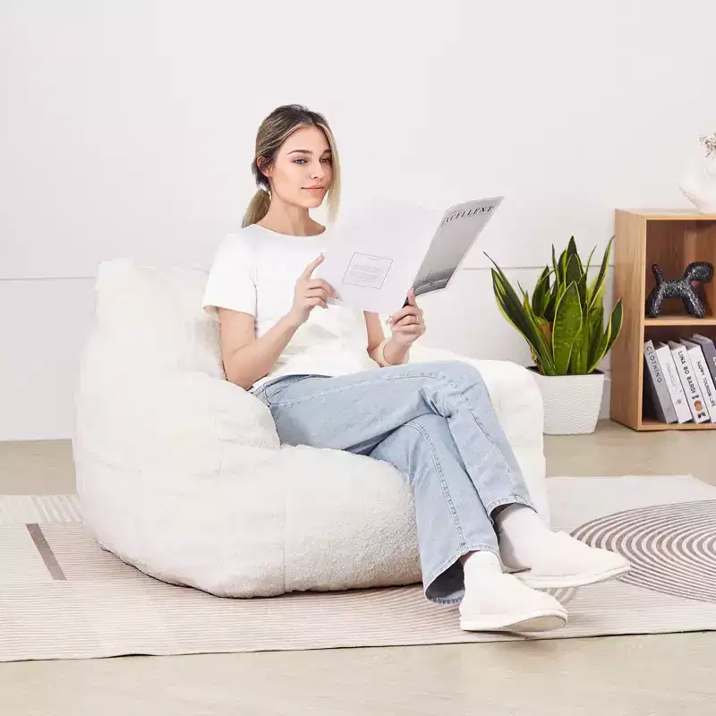 3ft Memory Foam Bean Bag Chair with Armrests & Storage Pocket, White Teddy Velvet