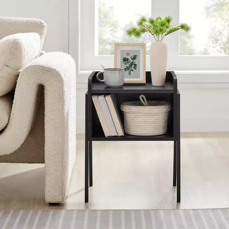 Mid-Century Modern Open Cubby Side Table Black – Metal Frame, MDF Top, 66 lb Capacity