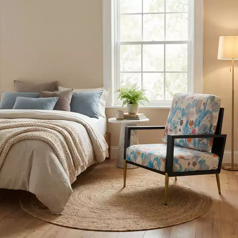 FurnitureR Floral Upholstered Accent Chair with Metal Legs, Modern Printed Lounge Armchair for Living Room, Bedroom or Reading Corner